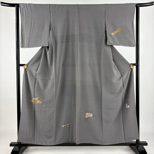 【庫存清倉】 付下 身長158cm 袖長62cm S 雙層 樽本伊勢藏 有落款 琵琶 文字紋 金銀彩 灰 純蠶絲 名品級