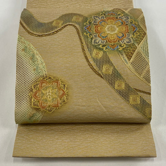 【庫存清倉】 【美品】 袋帶 名品級 華紋 露芝 螺鈿 金銀彩 淺茶 純蠶絲 お太鼓柄
