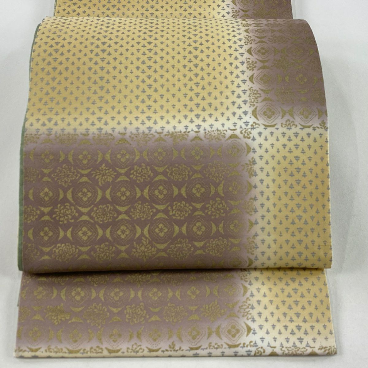 【庫存清倉】 【美品】 袋帶 名品級 附落款 綠茶染 華紋 花 金彩裝飾 染分 裸色 全通 純蠶絲