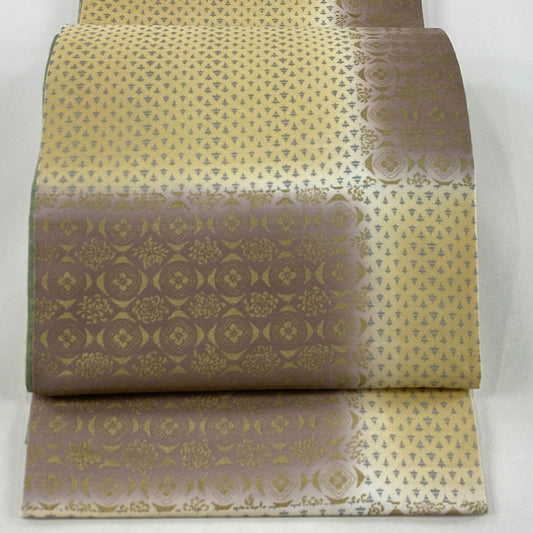 【庫存清倉】 【美品】 袋帶 名品級 附落款 綠茶染 華紋 花 金彩裝飾 染分 裸色 全通 純蠶絲