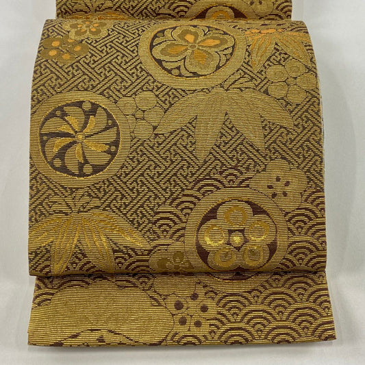 【庫存清倉】 【美品】 袋帶 名品級 松樹竹子梅花 有職紋樣 金絲 金金箔 金色 六通 純蠶絲