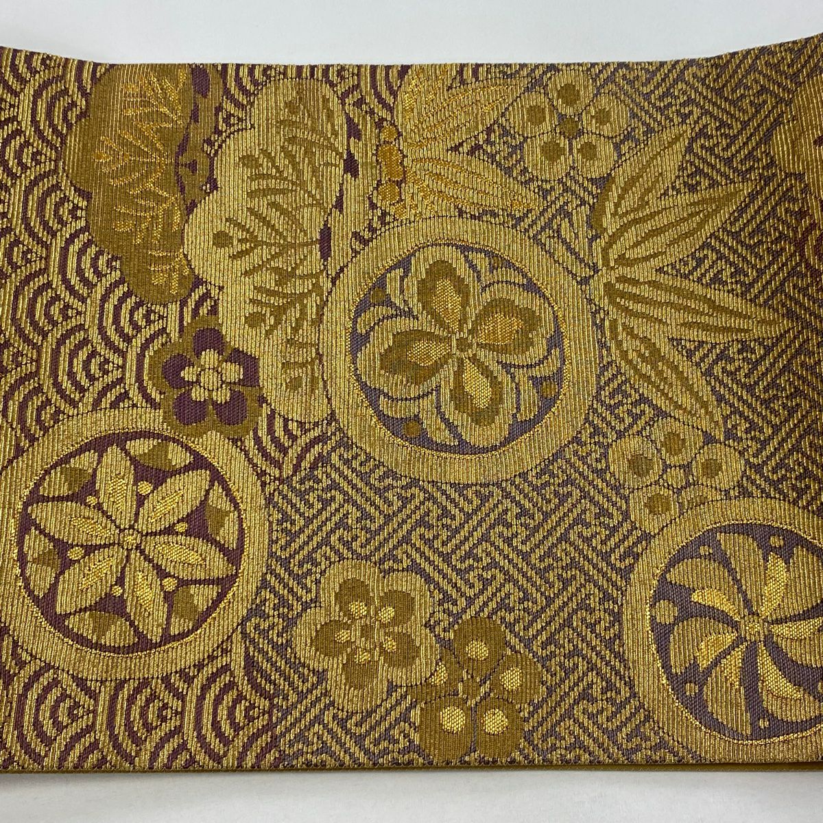 【庫存清倉】 【美品】 袋帶 名品級 松樹竹子梅花 有職紋樣 金絲 金金箔 金色 六通 純蠶絲
