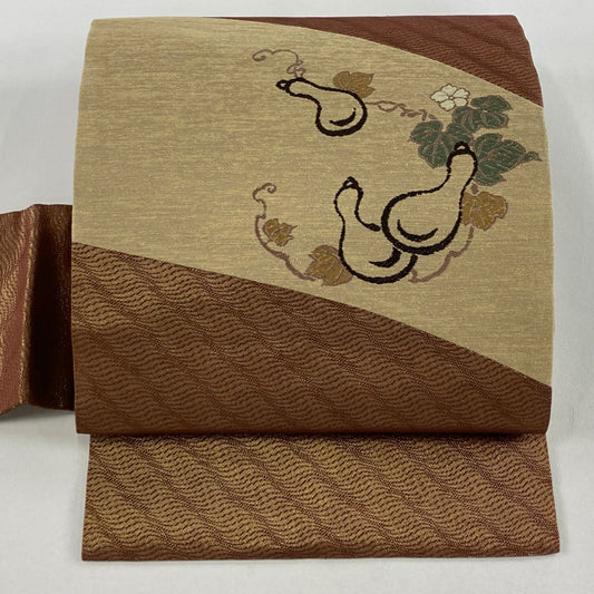【美品】 名古屋帶 名品級 瓢箪 波 銀通 金金箔 茶 純蠶絲