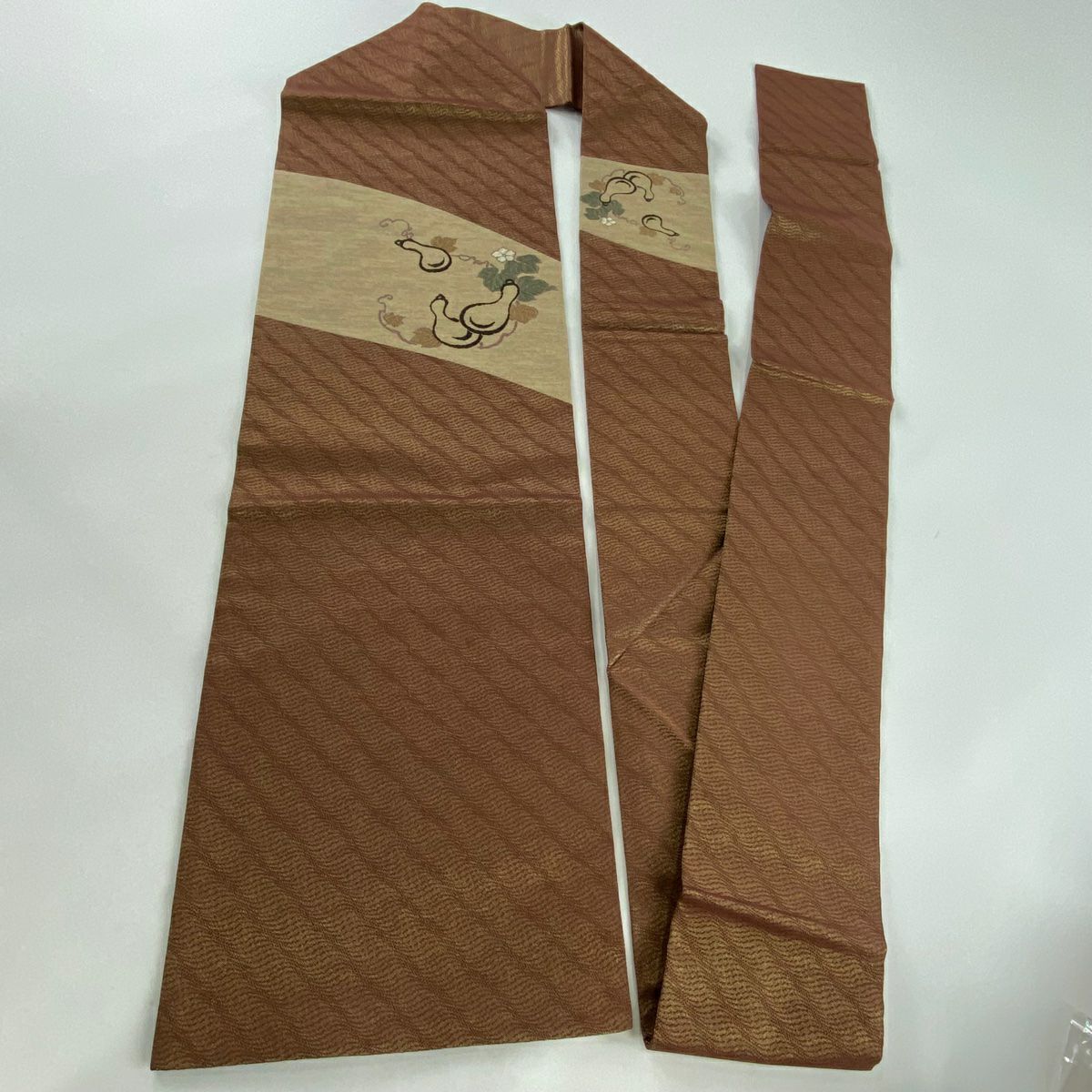 【美品】 名古屋帶 名品級 瓢箪 波 銀通 金金箔 茶 純蠶絲