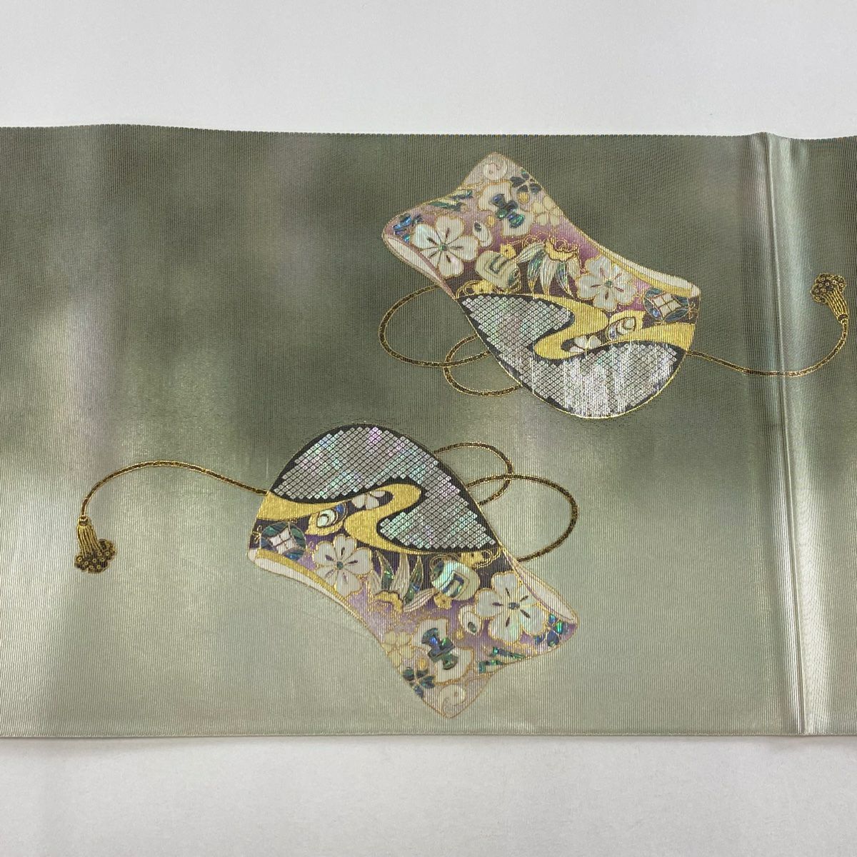 【庫存清倉】 【美品】 袋帶 名品級 誰が袖 組織帶 金金箔 螺鈿金金箔 灰綠 お太鼓圖案 純蠶絲
