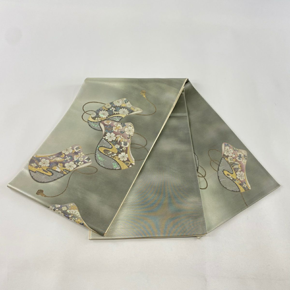 【庫存清倉】 【美品】 袋帶 名品級 誰が袖 組織帶 金金箔 螺鈿金金箔 灰綠 お太鼓圖案 純蠶絲