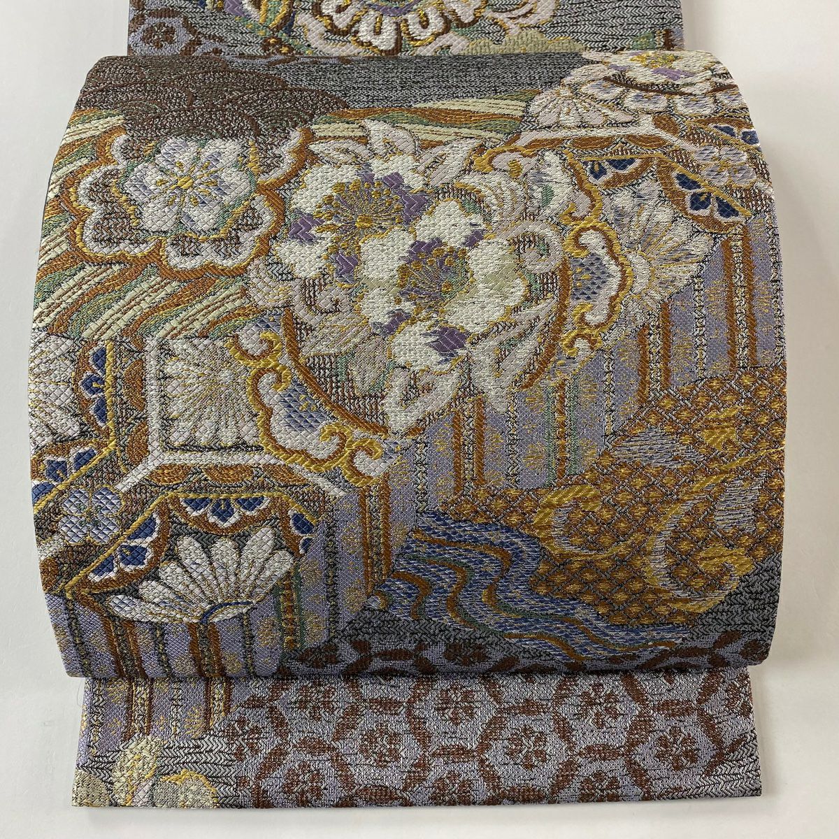 【美品】 袋帶 逸品級 證書齊全 花唐草紋 有職紋樣 金金箔 拉麵絲 青灰 六通 純蠶絲