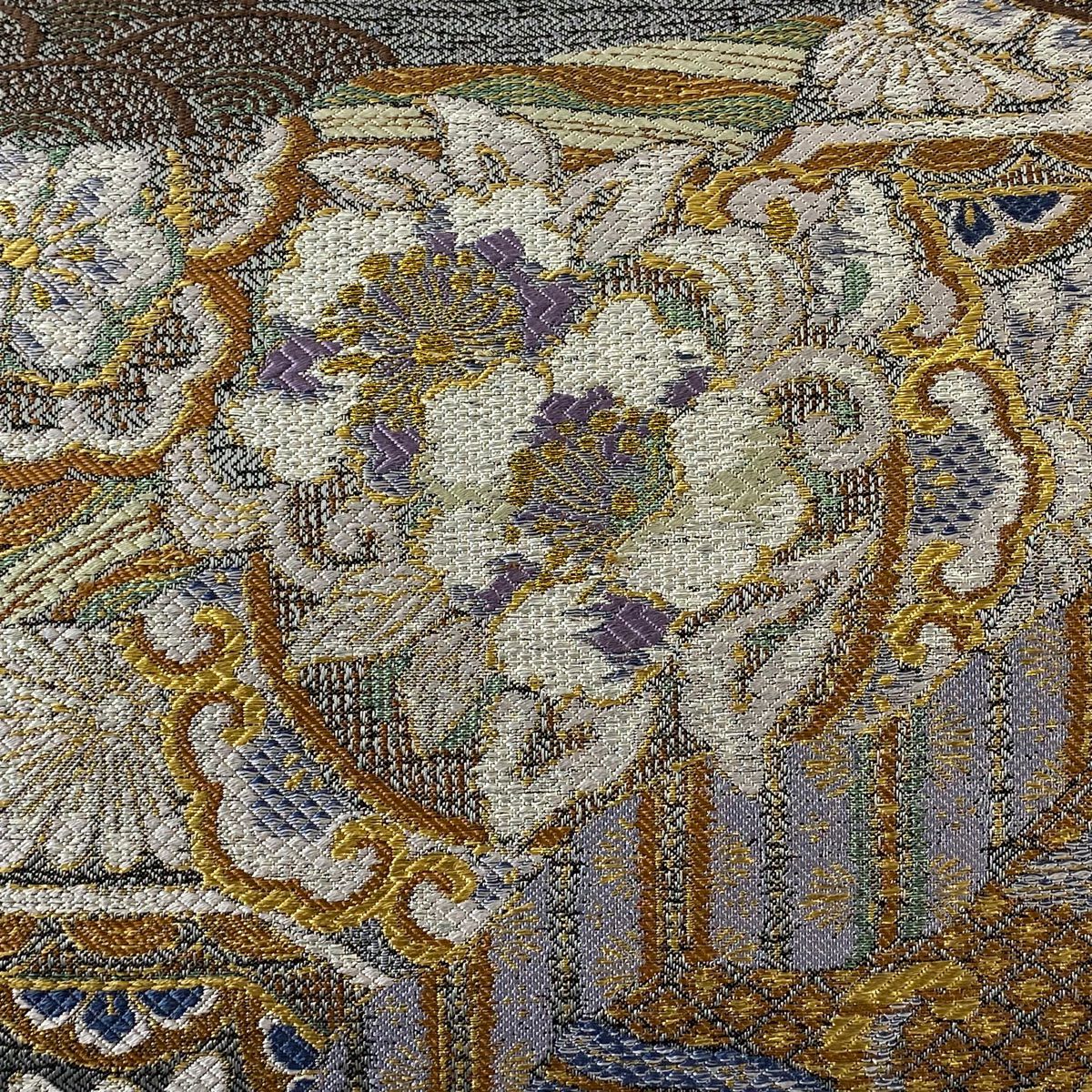 【美品】 袋帶 逸品級 證書齊全 花唐草紋 有職紋樣 金金箔 拉麵絲 青灰 六通 純蠶絲