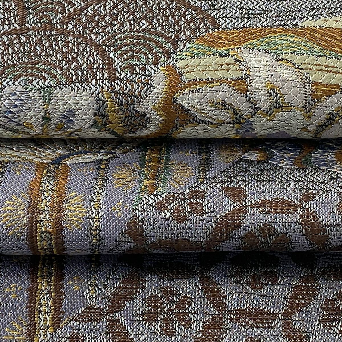 【美品】 袋帶 逸品級 證書齊全 花唐草紋 有職紋樣 金金箔 拉麵絲 青灰 六通 純蠶絲