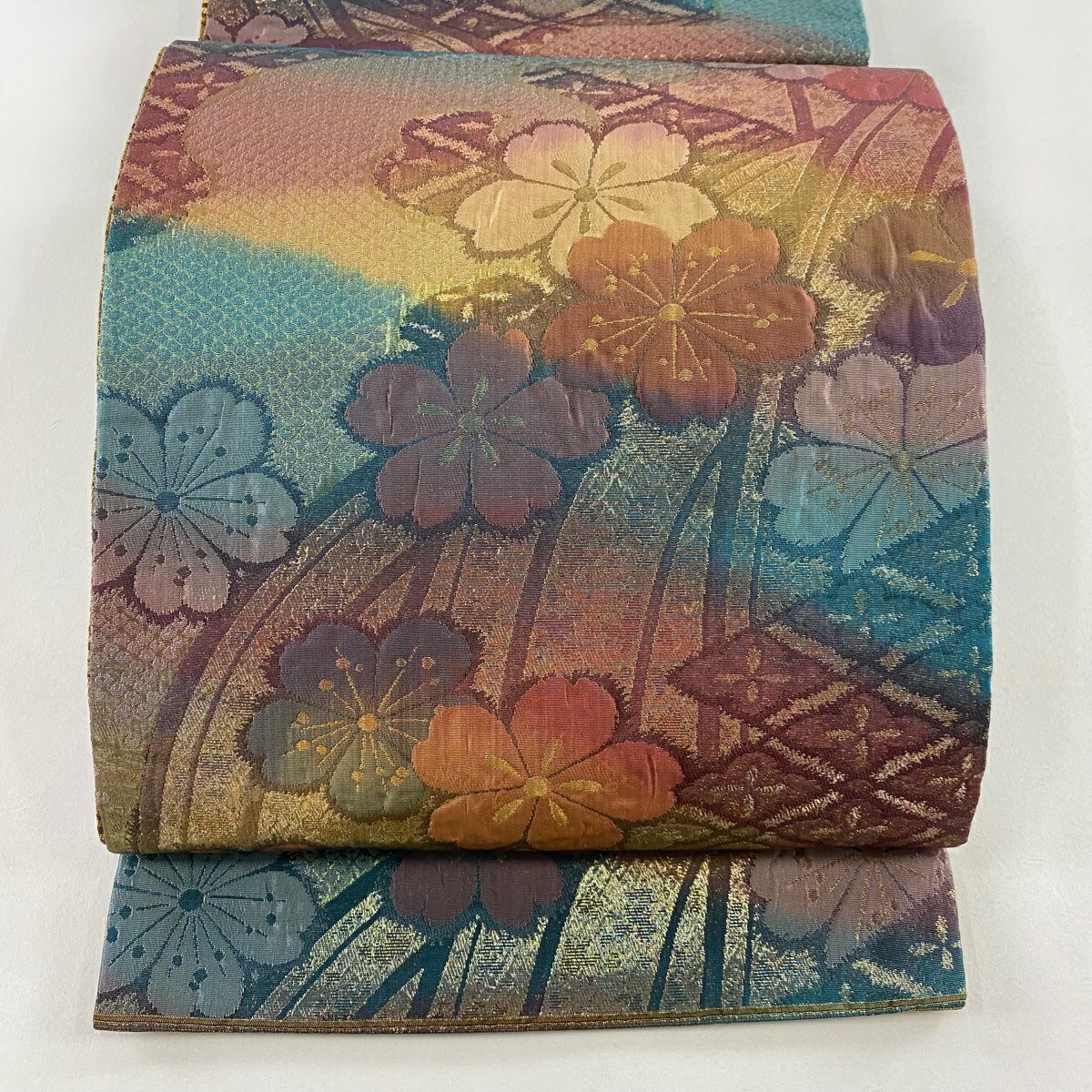 【美品】 袋帶 秀品級櫻花波金金箔漸變紅茶 六通 純蠶絲