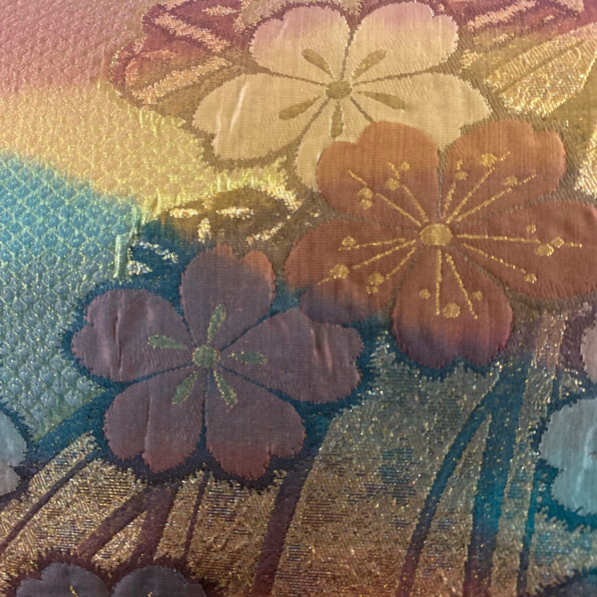 【美品】 袋帶 秀品級櫻花波金金箔漸變紅茶 六通 純蠶絲