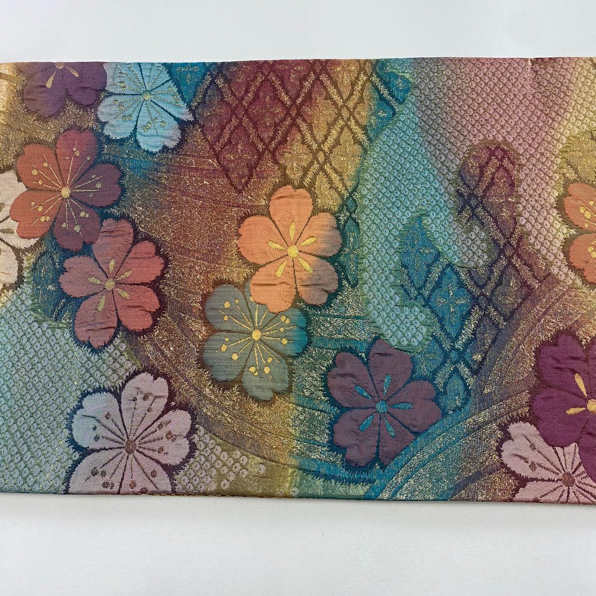 【美品】 袋帶 秀品級櫻花波金金箔漸變紅茶 六通 純蠶絲
