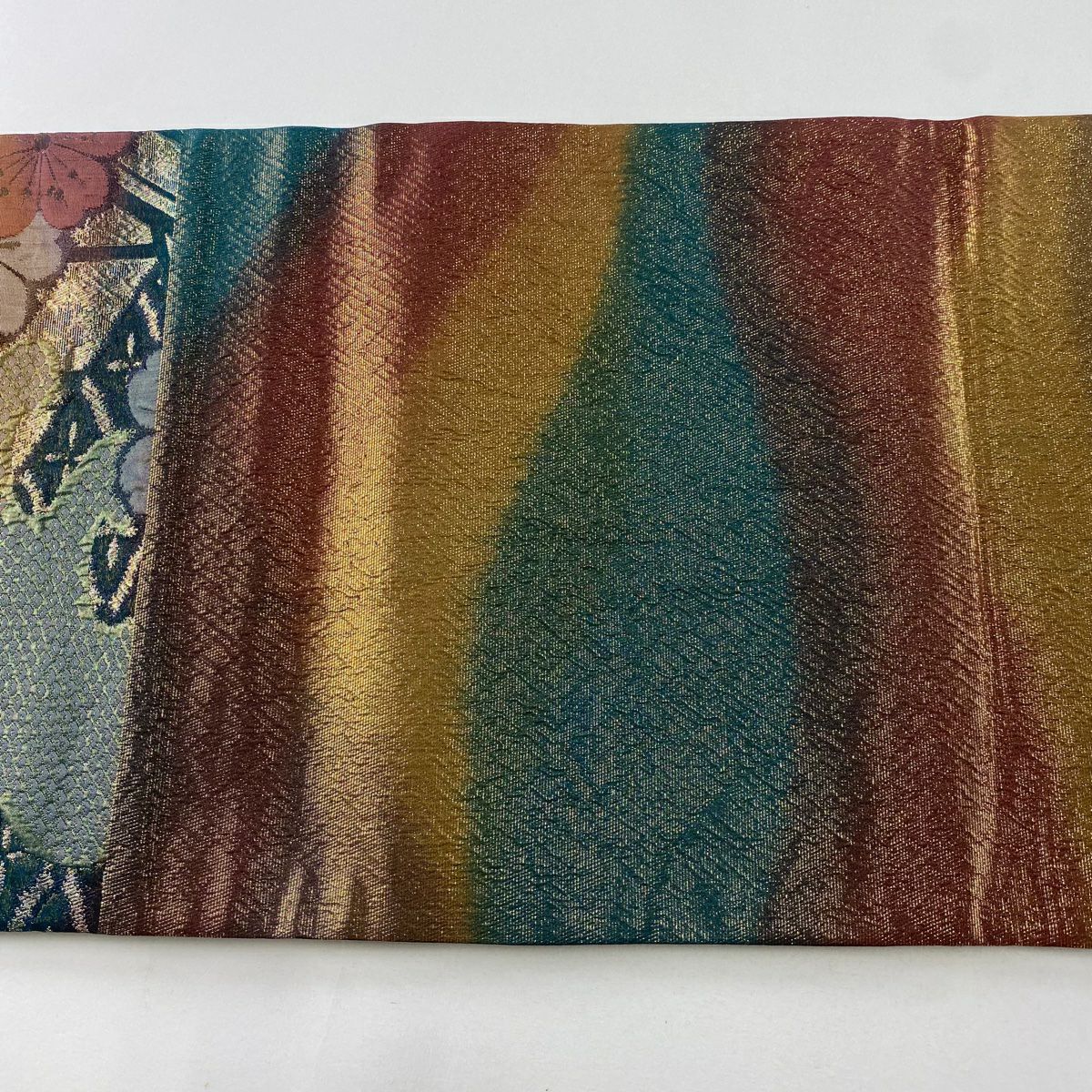 【美品】 袋帶 秀品級櫻花波金金箔漸變紅茶 六通 純蠶絲