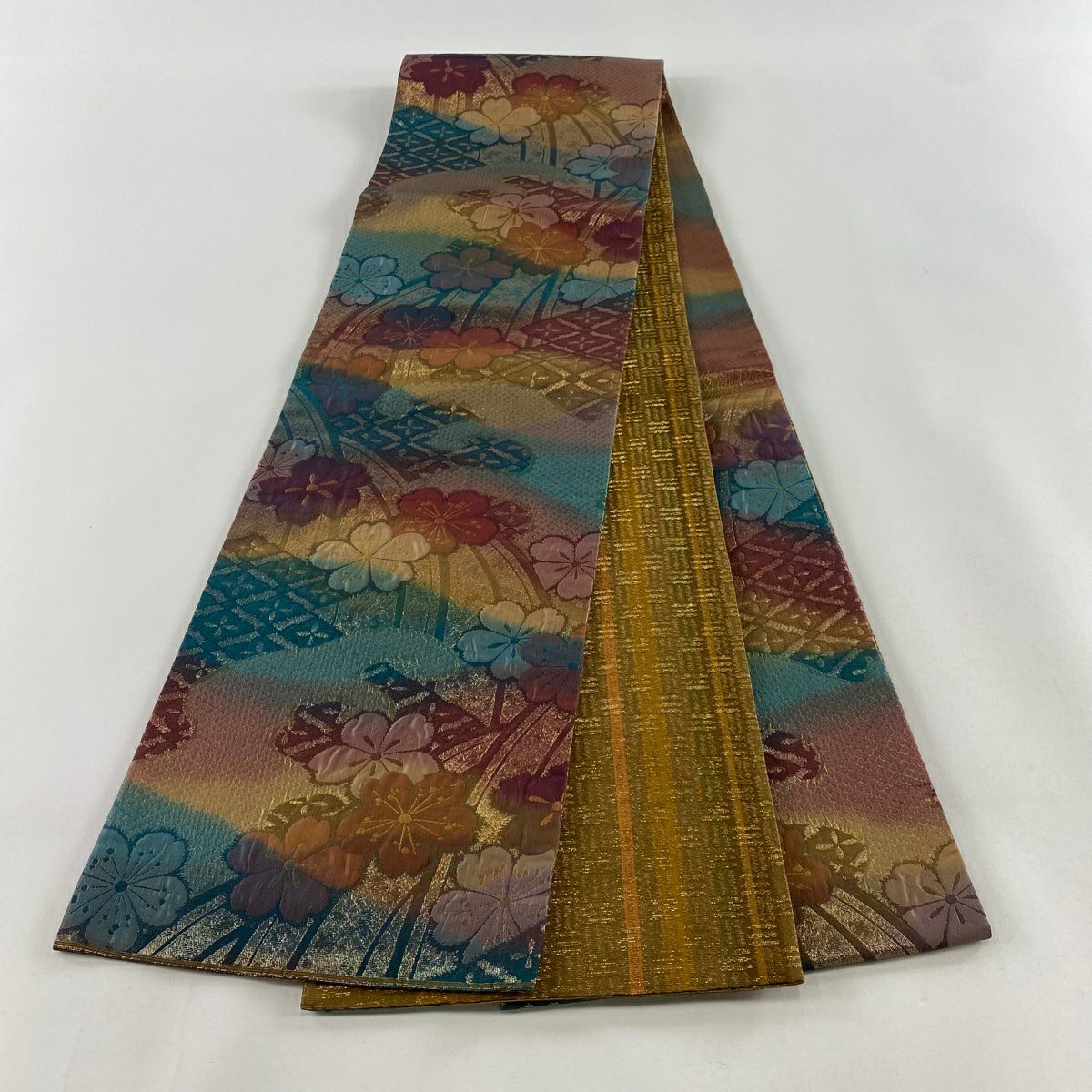 【美品】 袋帶 秀品級櫻花波金金箔漸變紅茶 六通 純蠶絲