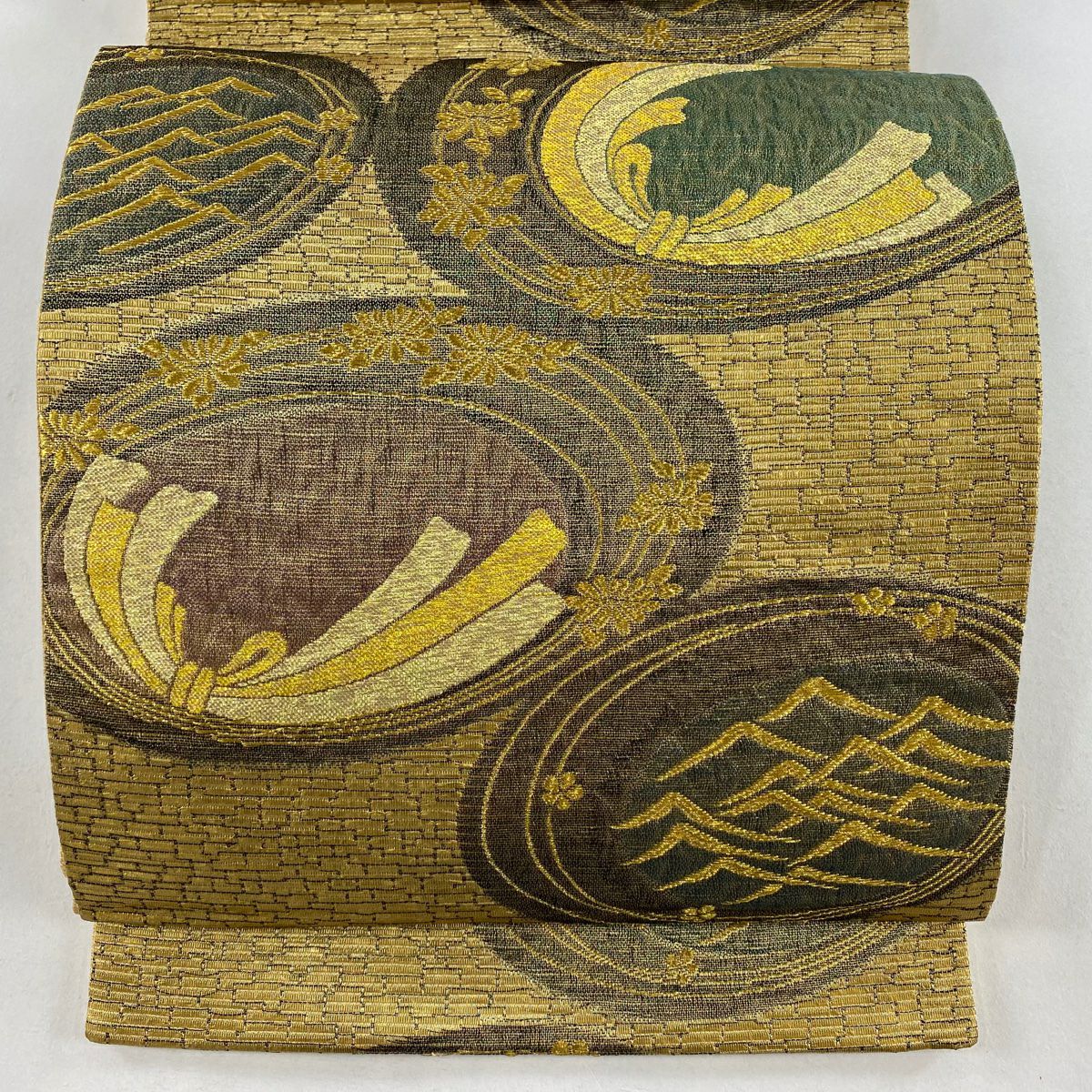 【美品】 袋帶 秀品級 束捲熨斗紋 草花紋紋 金金箔 金絲 金色 六通 純蠶絲
