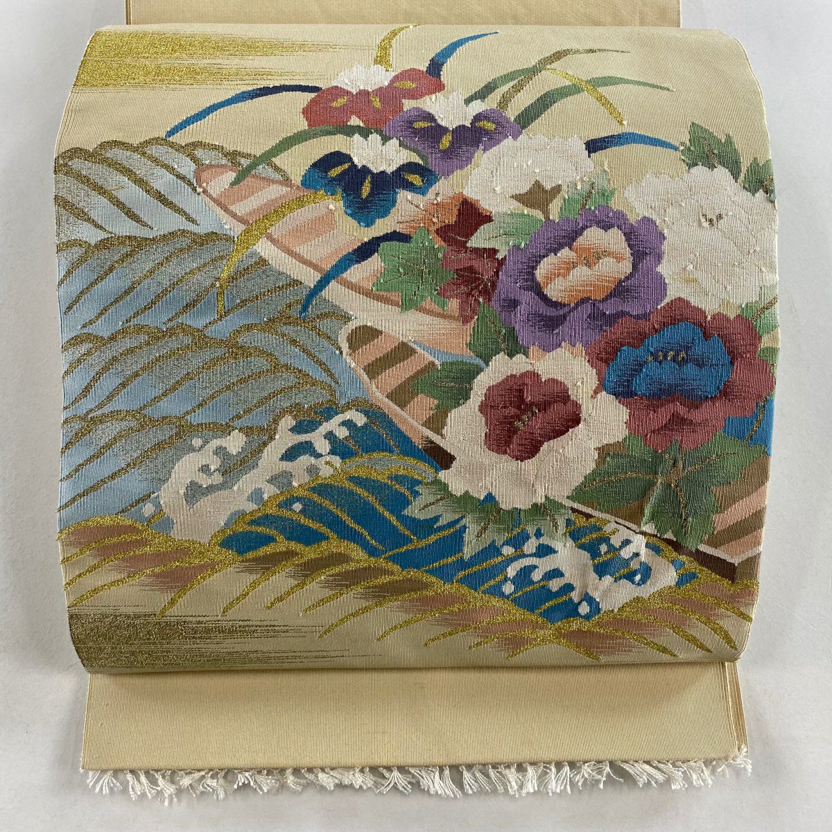 名古屋帶 秀品級 八寸名古屋帶 草花紋紋 波頭 金絲 米色 純蠶絲