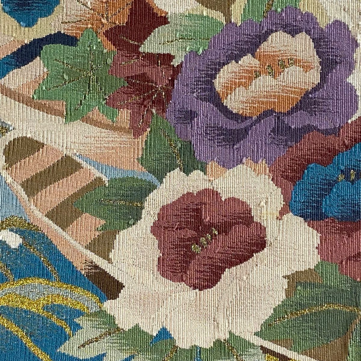 名古屋帶 秀品級 八寸名古屋帶 草花紋紋 波頭 金絲 米色 純蠶絲