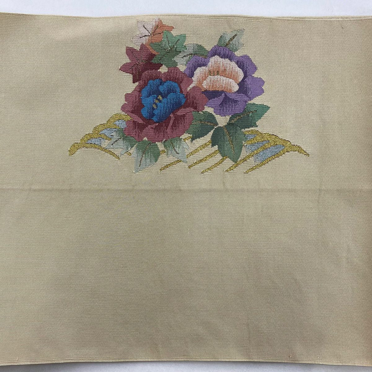 名古屋帶 秀品級 八寸名古屋帶 草花紋紋 波頭 金絲 米色 純蠶絲