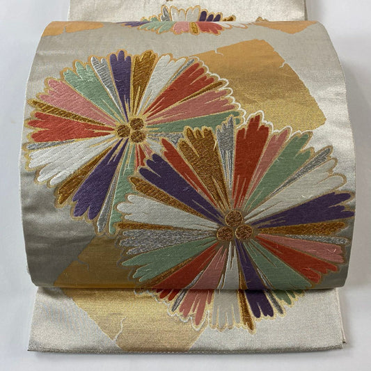 袋帶 秀品級 關西仕立 花 破裂色紙 金銀絲 刺繡 銀 六通 純蠶絲