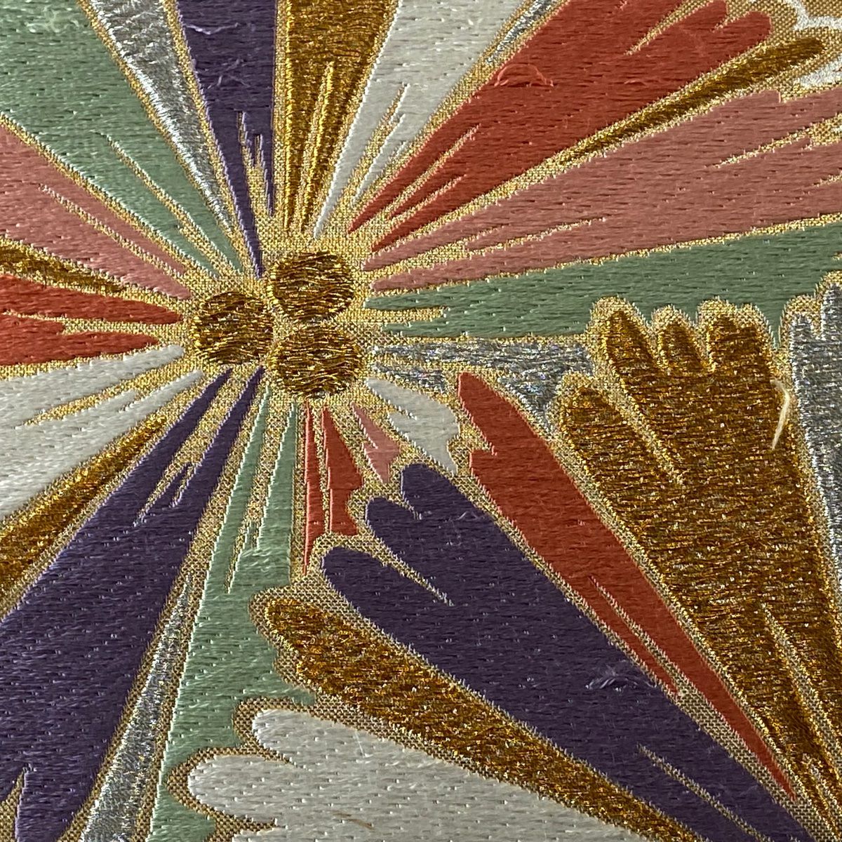 袋帶 秀品級 關西仕立 花 破裂色紙 金銀絲 刺繡 銀 六通 純蠶絲