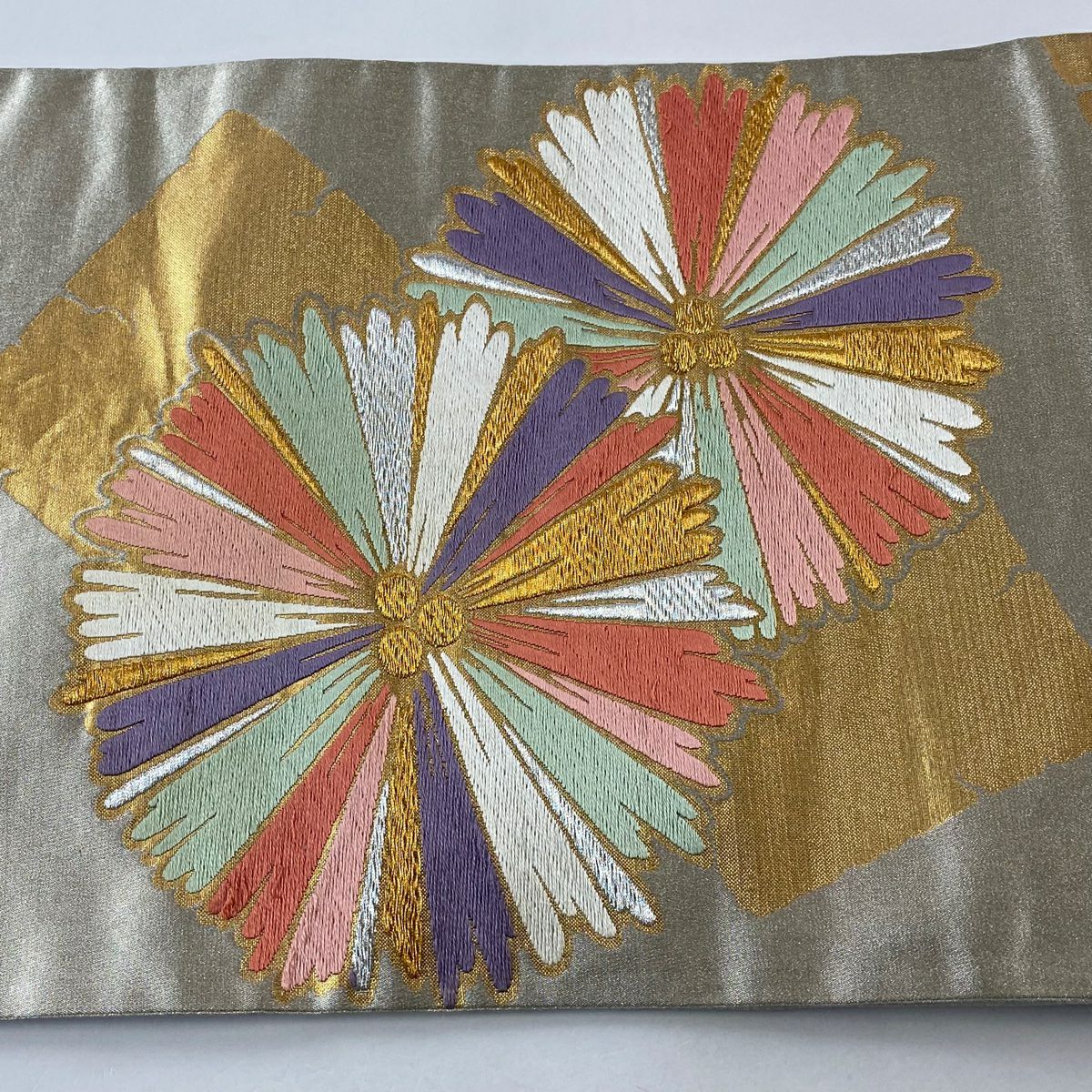 袋帶 秀品級 關西仕立 花 破裂色紙 金銀絲 刺繡 銀 六通 純蠶絲