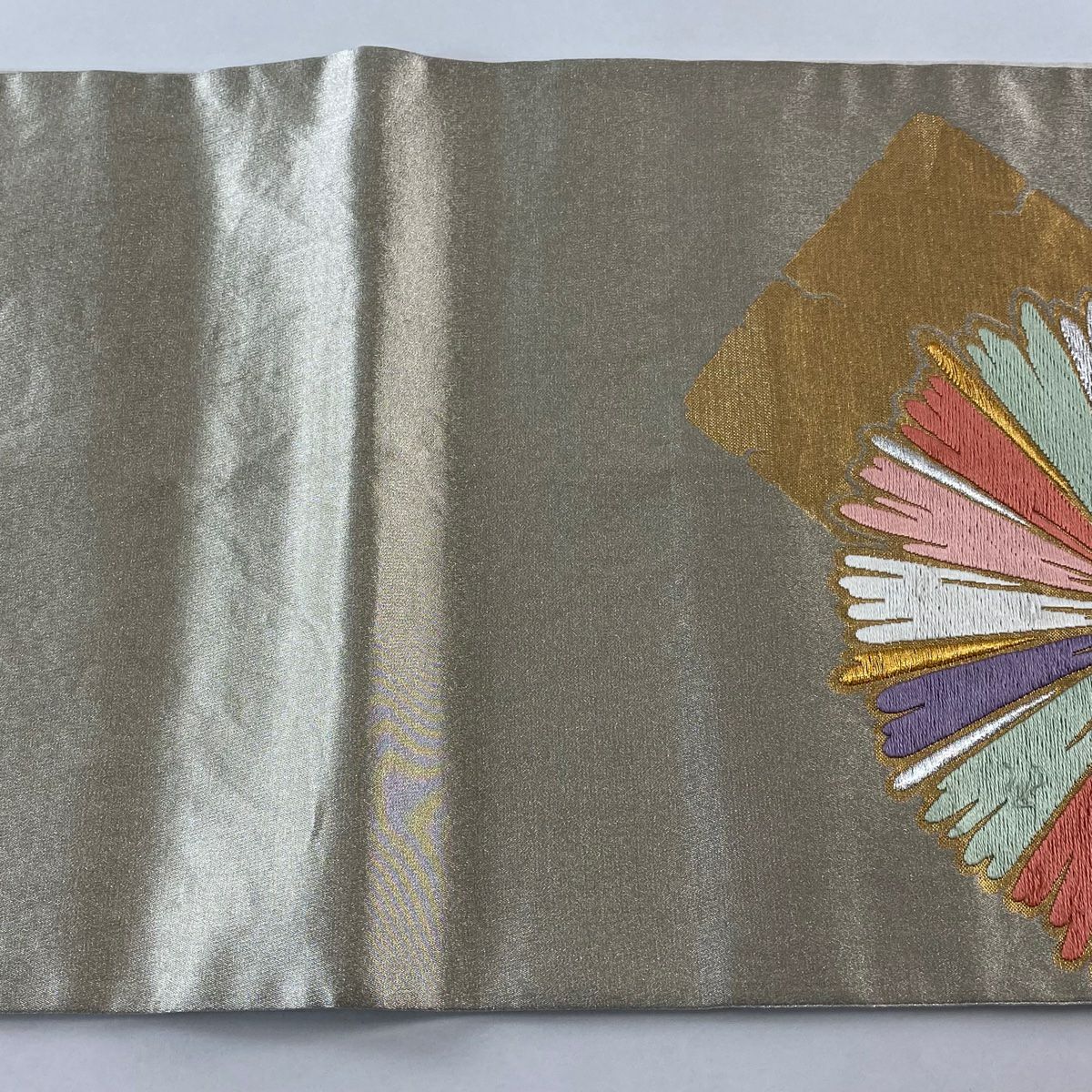 袋帶 秀品級 關西仕立 花 破裂色紙 金銀絲 刺繡 銀 六通 純蠶絲