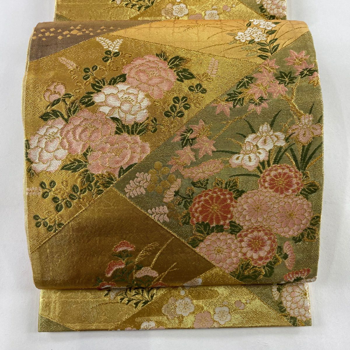 【美品】 袋帶 秀品級 草花紋紋 枝梅花 金絲 金金箔 金色 六通 純蠶絲