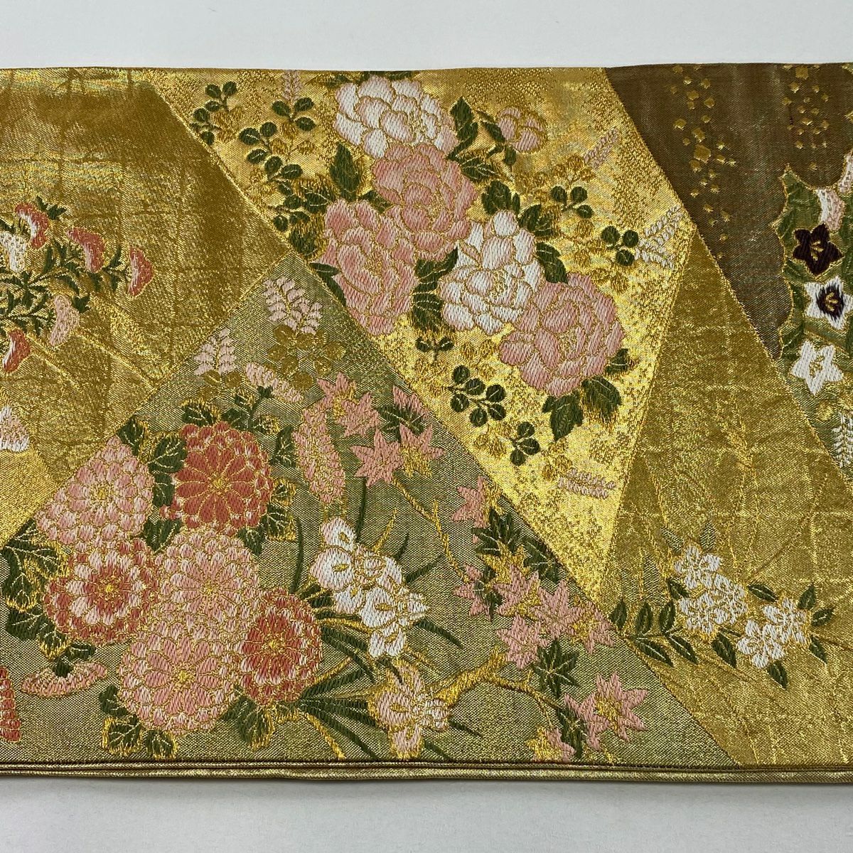 【美品】 袋帶 秀品級 草花紋紋 枝梅花 金絲 金金箔 金色 六通 純蠶絲