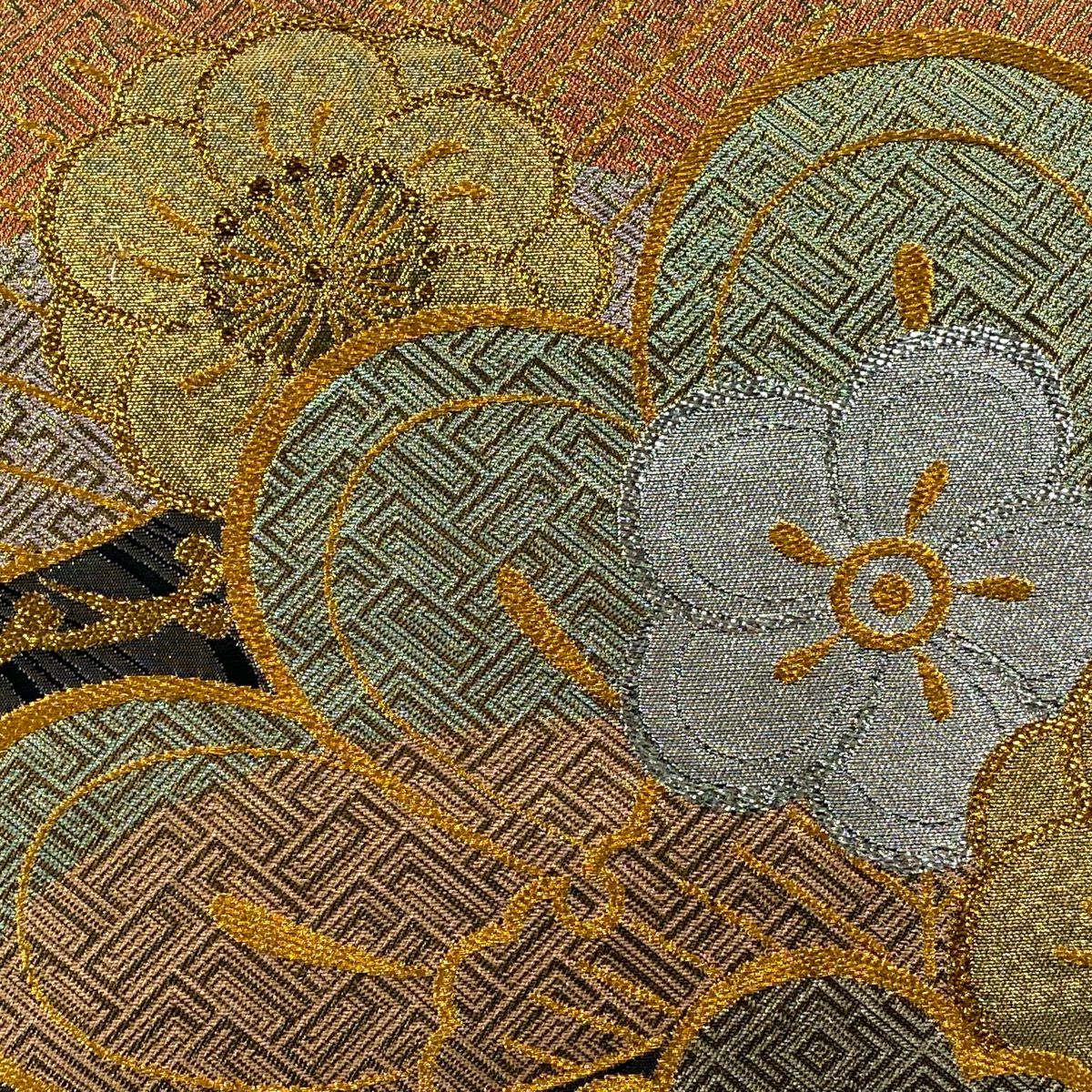 【美品】 袋帶 秀品級 松樹梅花 櫻花 金糸 金金箔 銀 六通 純蠶絲
