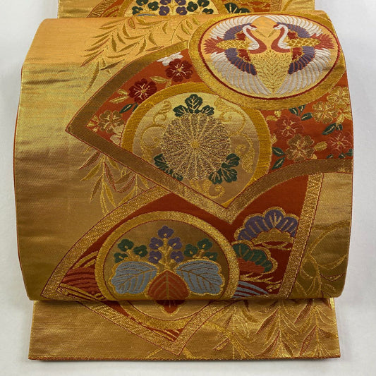 袋帶 秀品級 仙鶴 桐 金絲 刺繡 金色 六通 純蠶絲