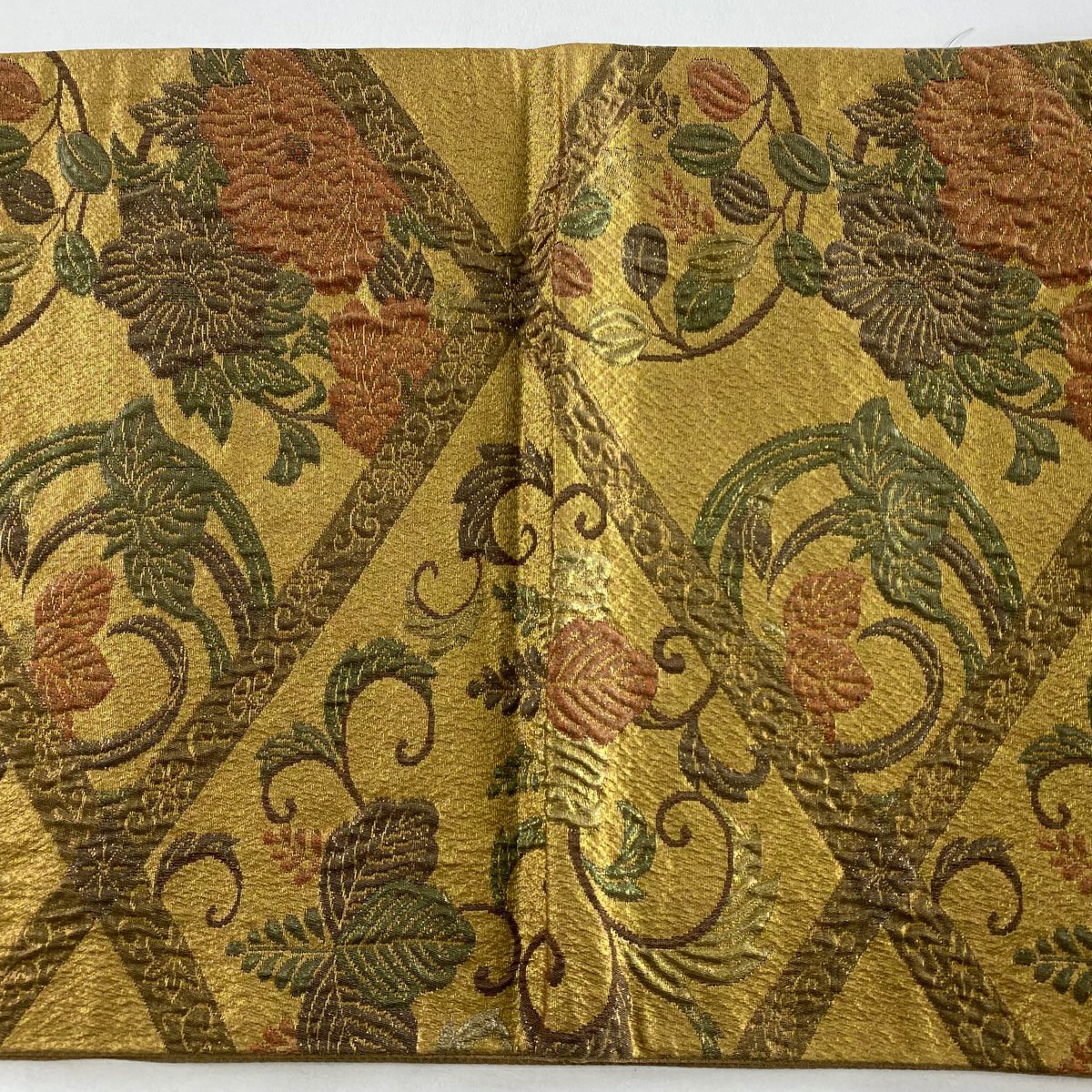 【美品】 袋帶 秀品級 漆金金箔 關西仕立 花丸紋 花唐草紋 金金箔 山吹茶 六通 純蠶絲
