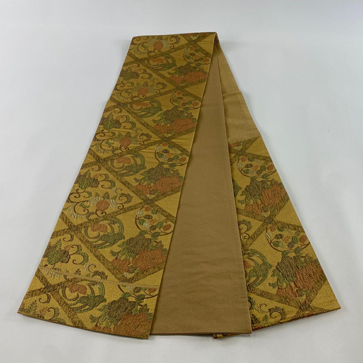 【美品】 袋帶 秀品級 漆金金箔 關西仕立 花丸紋 花唐草紋 金金箔 山吹茶 六通 純蠶絲