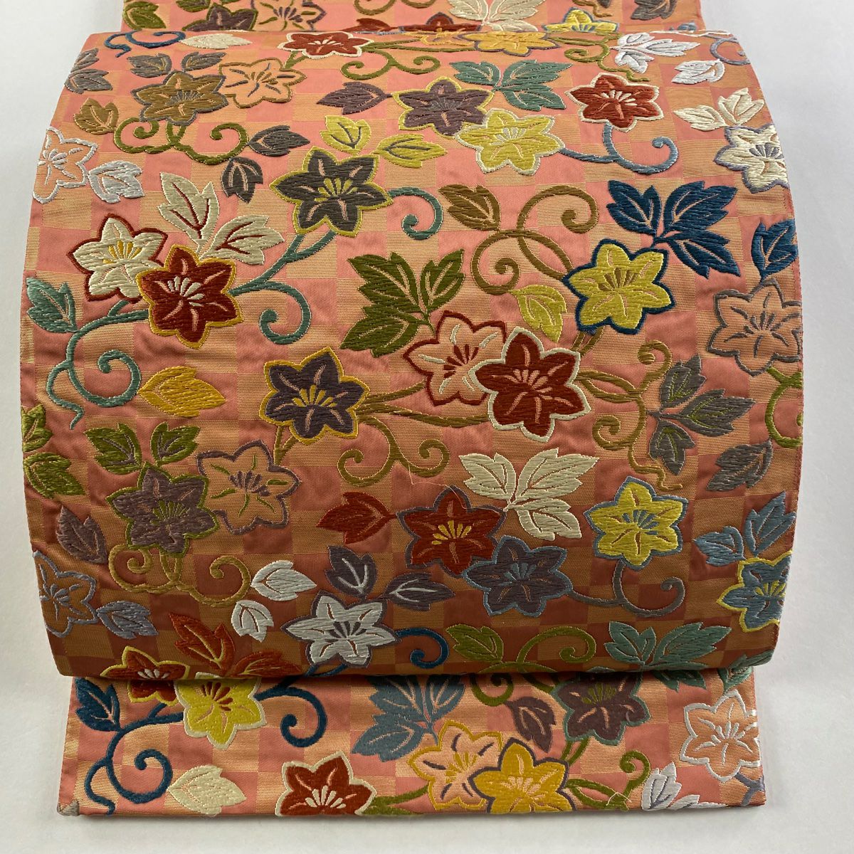 袋帶 秀品級 花唐草紋 市松樹 刺繡 金金箔 粉紅 六通 純蠶絲