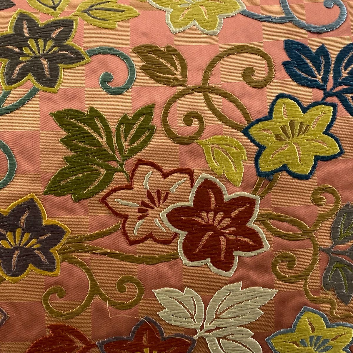 袋帶 秀品級 花唐草紋 市松樹 刺繡 金金箔 粉紅 六通 純蠶絲