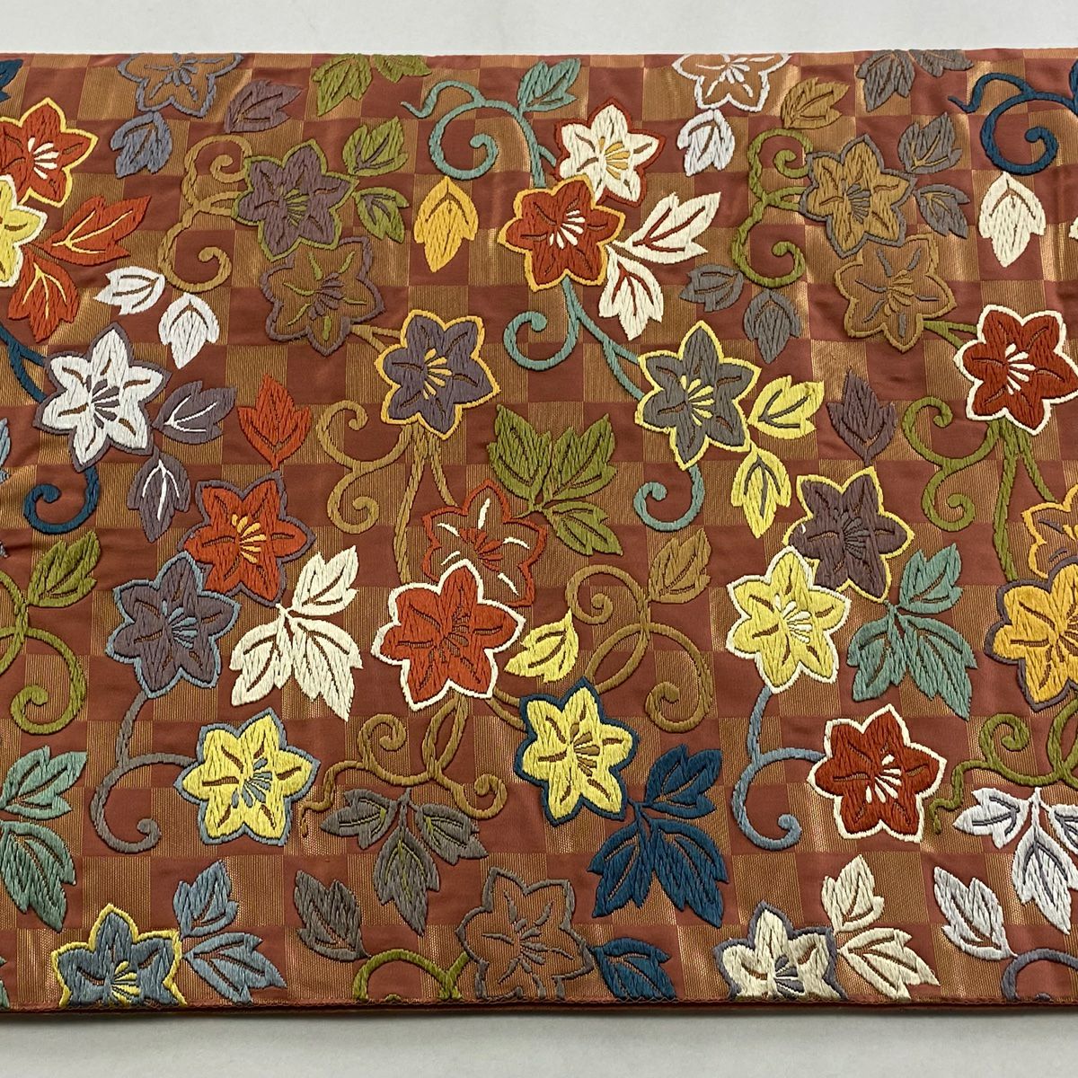 袋帶 秀品級 花唐草紋 市松樹 刺繡 金金箔 粉紅 六通 純蠶絲