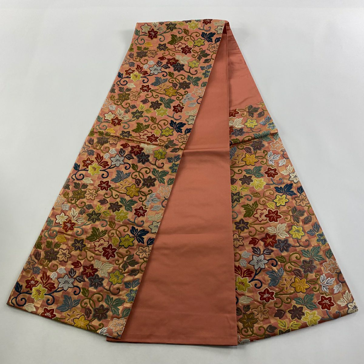 袋帶 秀品級 花唐草紋 市松樹 刺繡 金金箔 粉紅 六通 純蠶絲