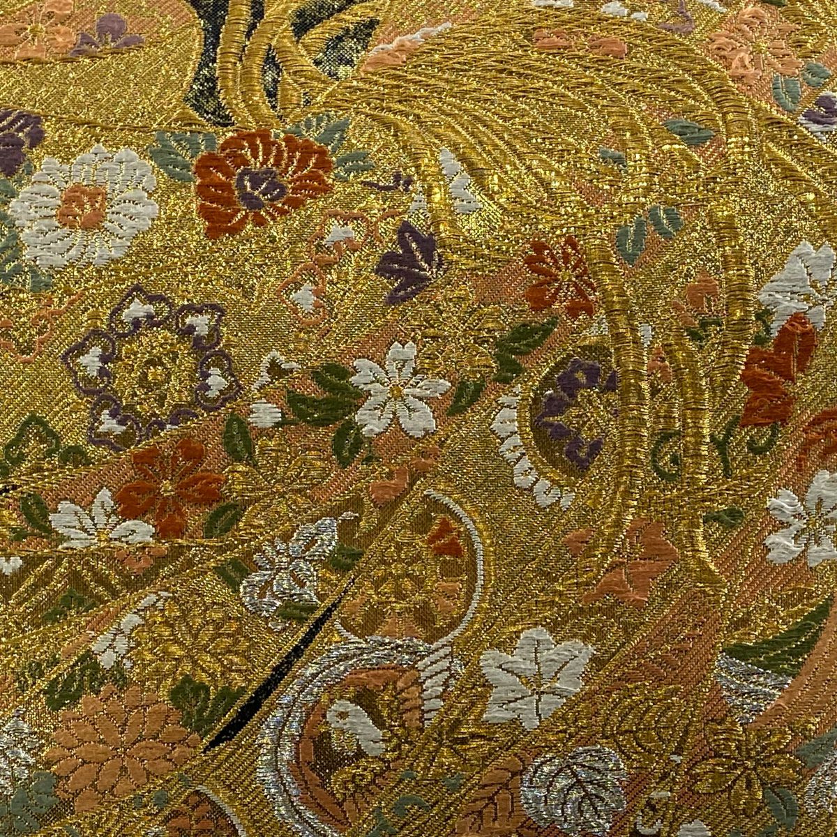 【美品】 袋帶 秀品級 束捲熨斗紋 草花紋刺繡 金銀線 黑灰 六通 純蠶絲