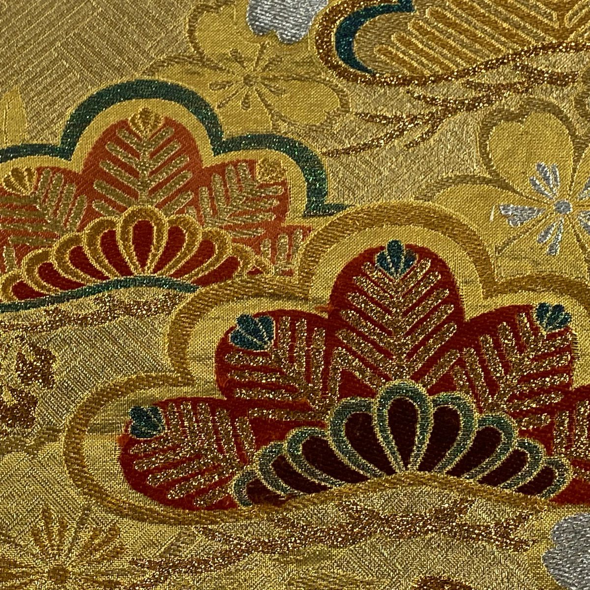 【美品】 袋帶 秀品級 松樹藤櫻花紋 金銀彩 金色 六通 純蠶絲