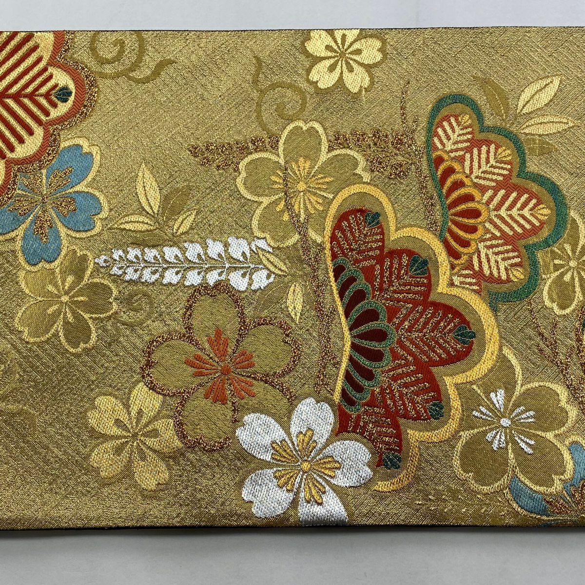 【美品】 袋帶 秀品級 松樹藤櫻花紋 金銀彩 金色 六通 純蠶絲