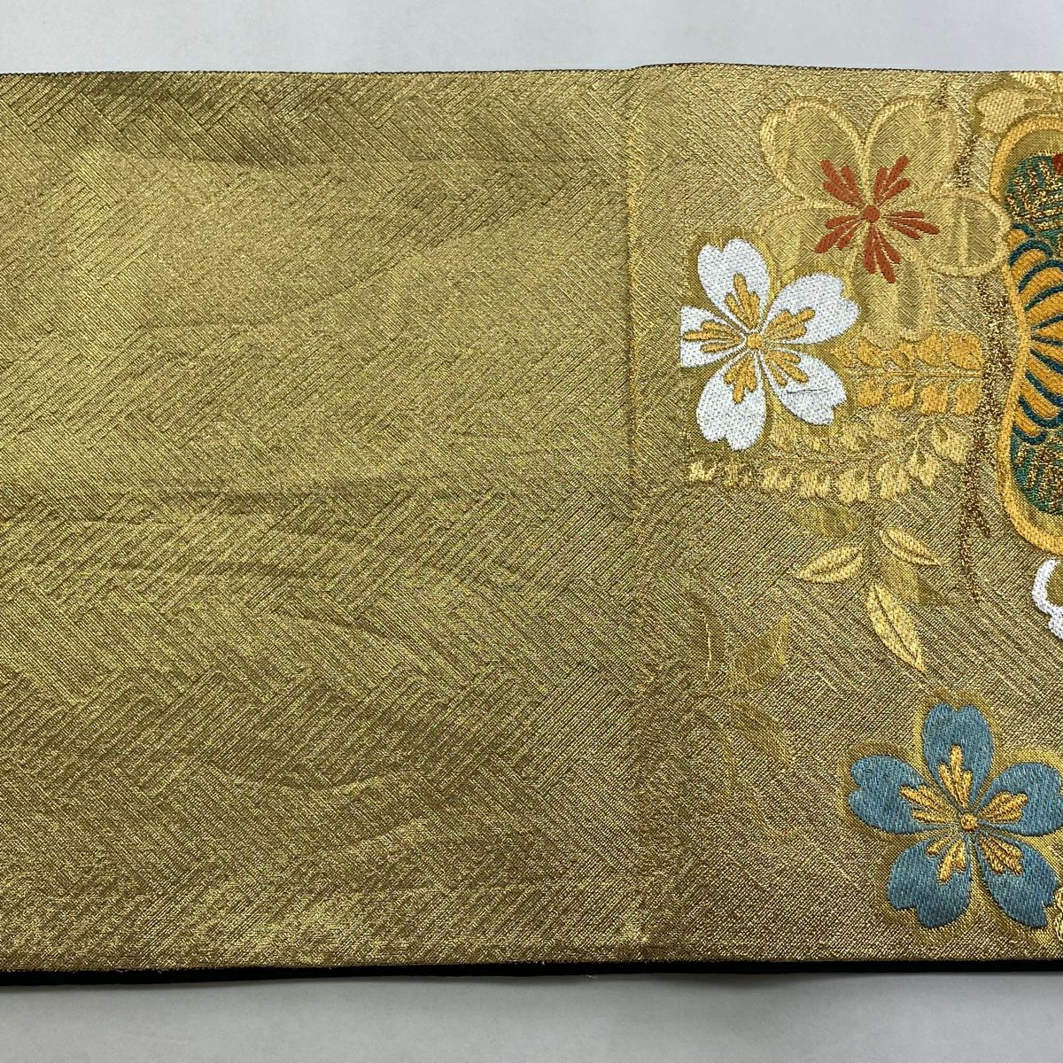 【美品】 袋帶 秀品級 松樹藤櫻花紋 金銀彩 金色 六通 純蠶絲