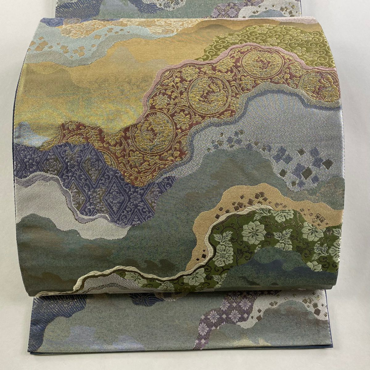 【美品】 袋帶 秀品級 圓文 花唐草紋 金銀彩 刺繡 灰綠 六通 純蠶絲