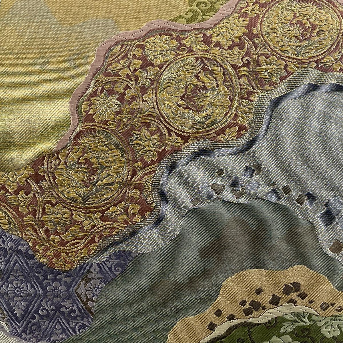 【美品】 袋帶 秀品級 圓文 花唐草紋 金銀彩 刺繡 灰綠 六通 純蠶絲