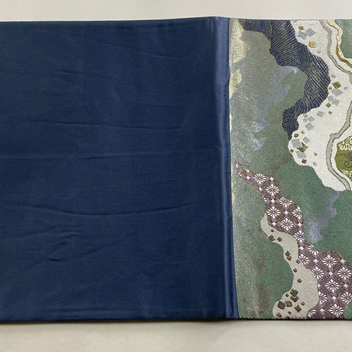 【美品】 袋帶 秀品級 圓文 花唐草紋 金銀彩 刺繡 灰綠 六通 純蠶絲