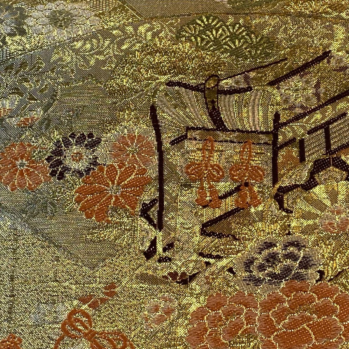 袋帶 秀品級 御所車 草花紋刺繡 金金箔 金色 六通 純蠶絲