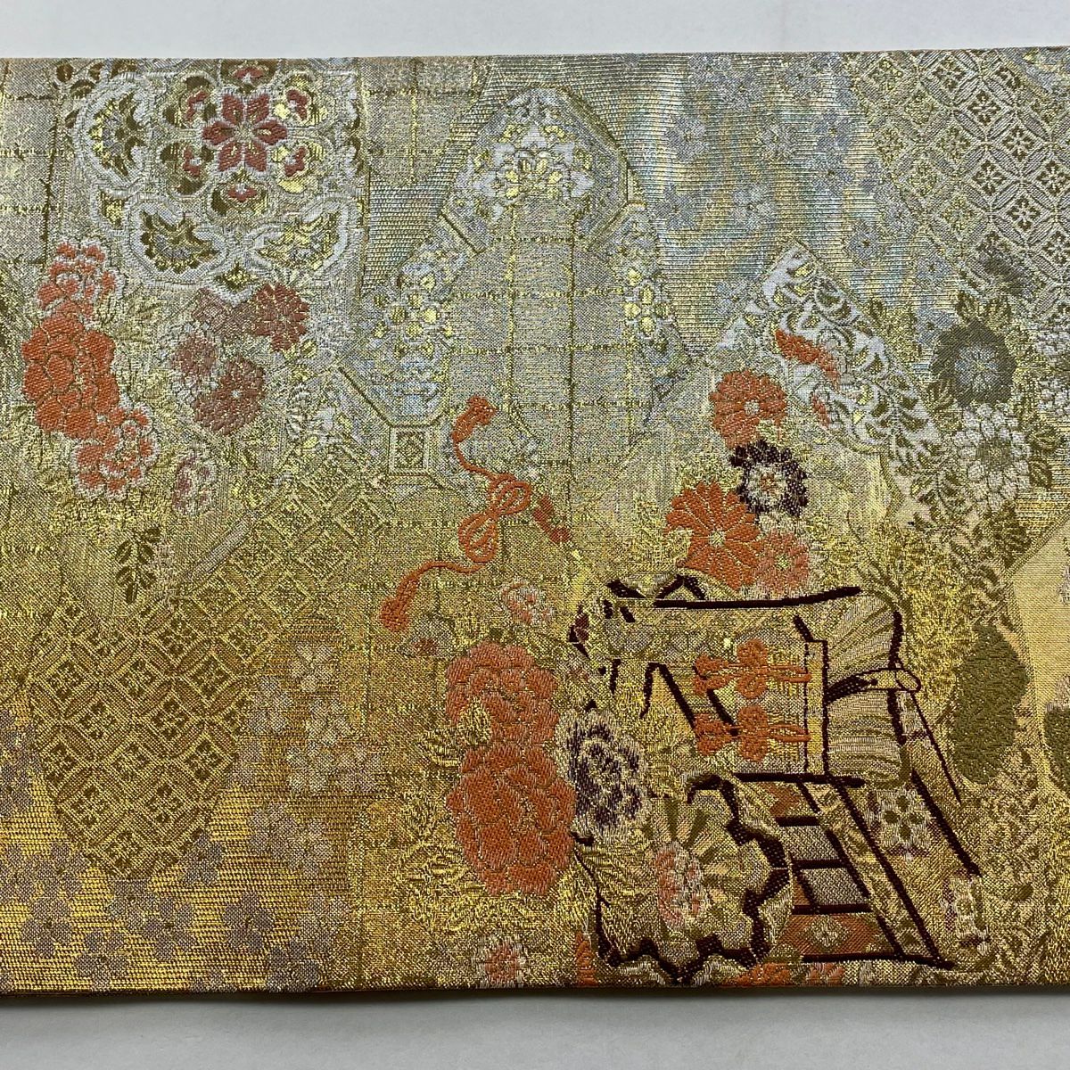 袋帶 秀品級 御所車 草花紋刺繡 金金箔 金色 六通 純蠶絲