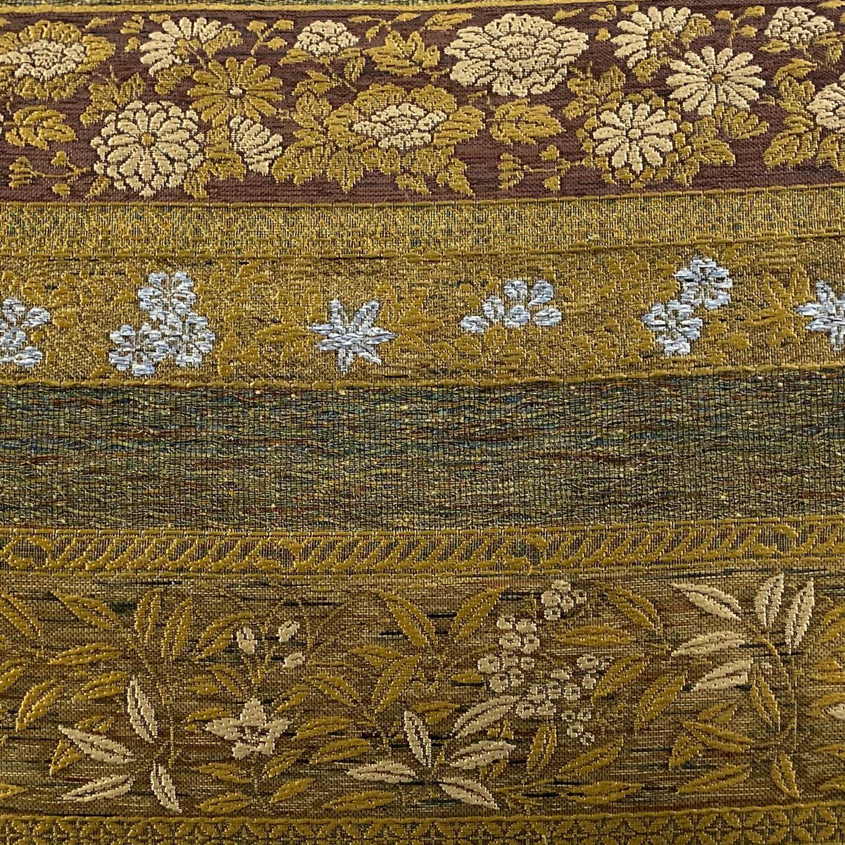 【美品】 袋帶 秀品級 段紋 草花紋紋 金金箔 黃土 深色 六通 純蠶絲