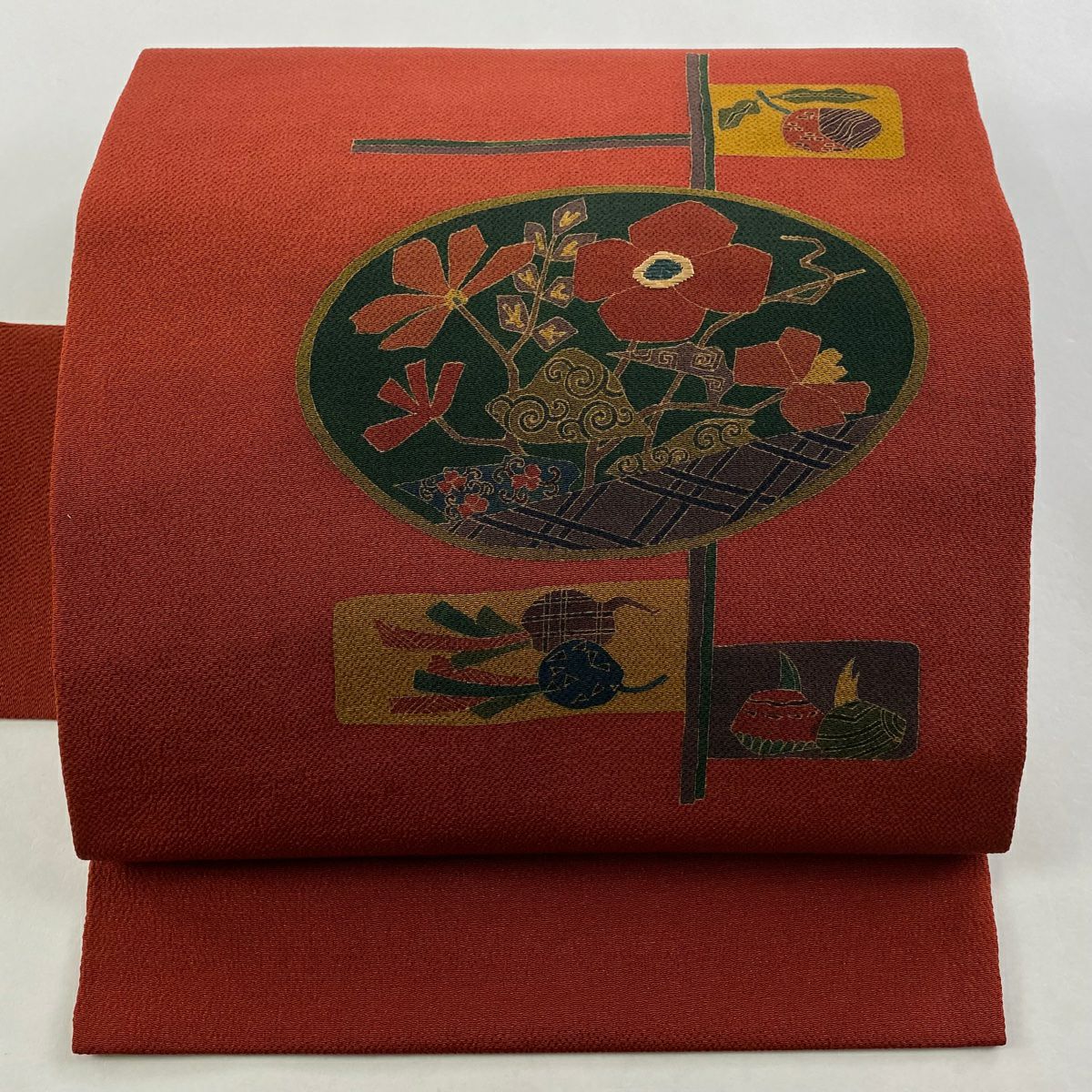 【美品】 名古屋帶 秀品級 枝花 生物 縮緬 茜 純蠶絲