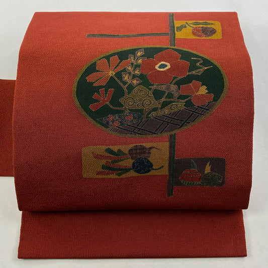 【美品】 名古屋帶 秀品級 枝花 生物 縮緬 茜 純蠶絲