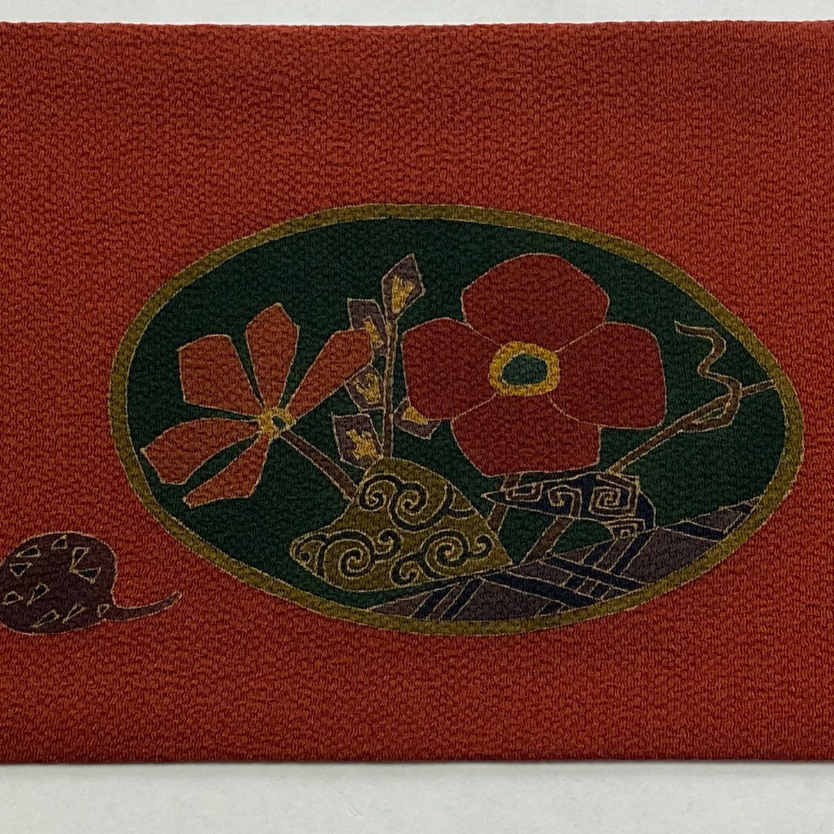 【美品】 名古屋帶 秀品級 枝花 生物 縮緬 茜 純蠶絲