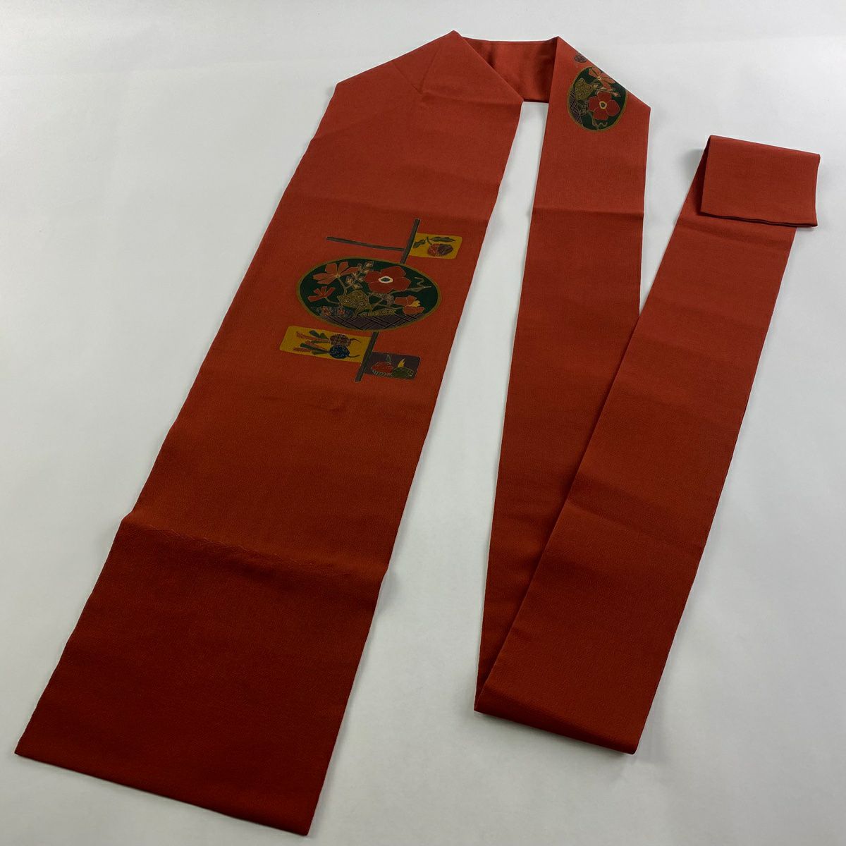 【美品】 名古屋帶 秀品級 枝花 生物 縮緬 茜 純蠶絲